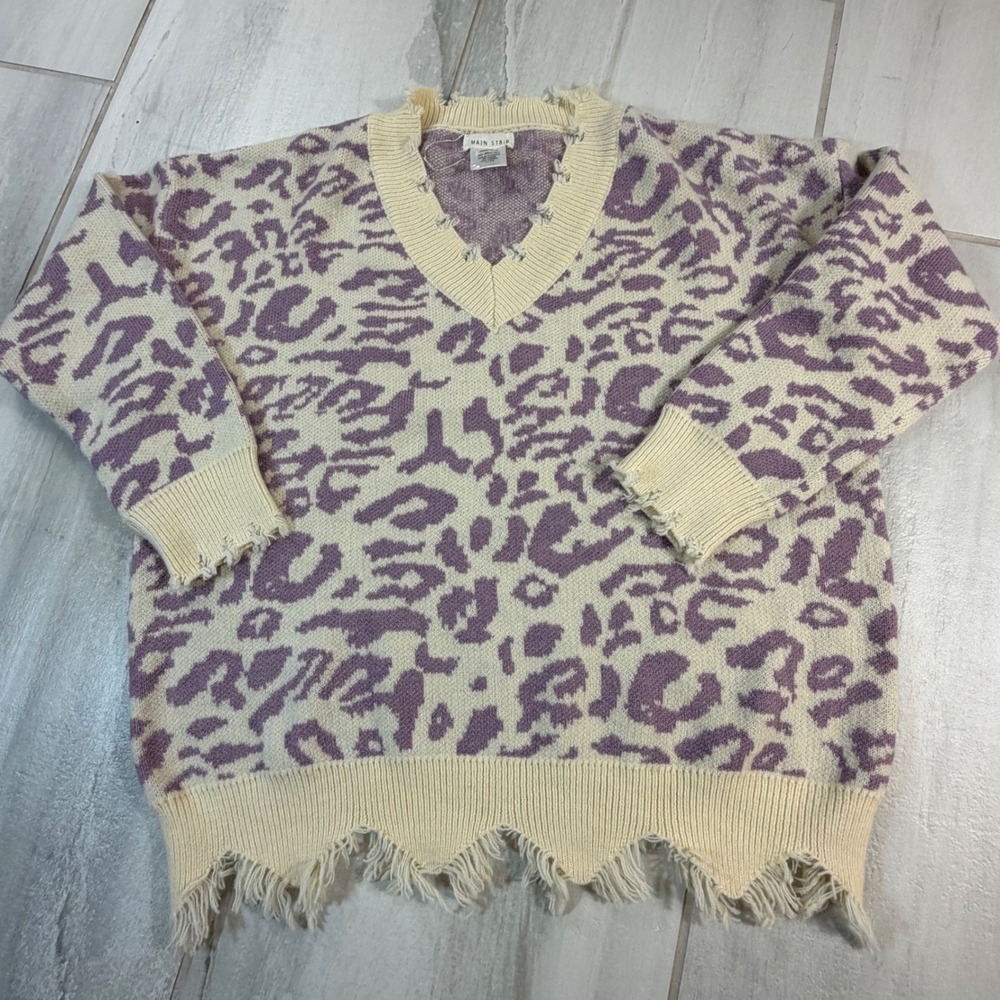 Main Strip Womens Purple Leopard Print Distressed V-Neck Sweater LT31078 Small